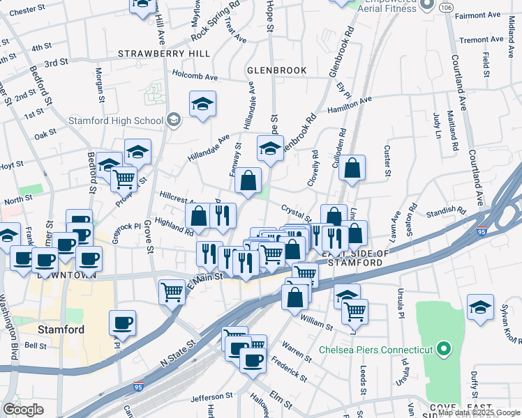 map of restaurants, bars, coffee shops, grocery stores, and more near 120 Lafayette Street in Stamford
