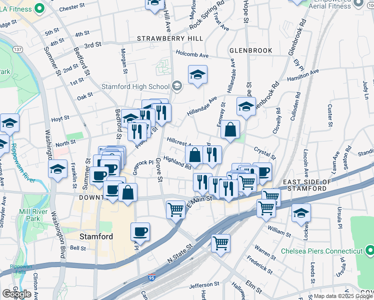 map of restaurants, bars, coffee shops, grocery stores, and more near 8 Terrace Place in Stamford