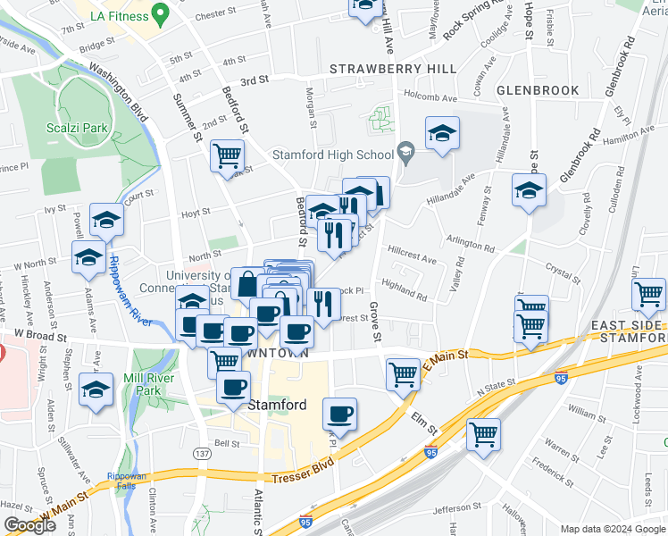 map of restaurants, bars, coffee shops, grocery stores, and more near 77 Prospect Street in Stamford