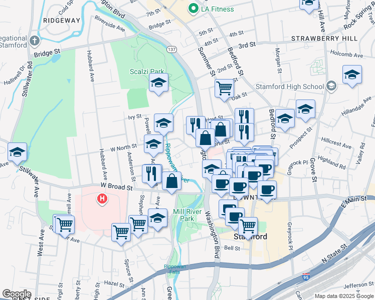 map of restaurants, bars, coffee shops, grocery stores, and more near 35 Vernon Place in Stamford