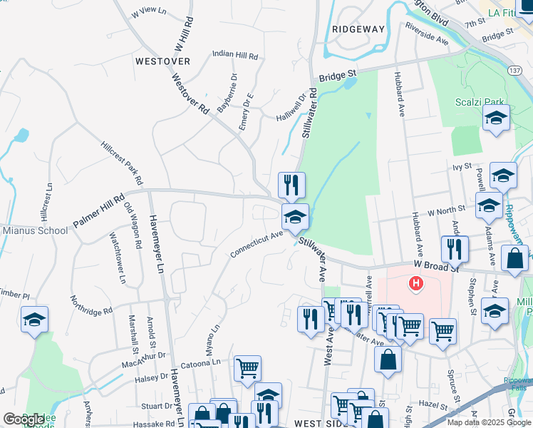 map of restaurants, bars, coffee shops, grocery stores, and more near 64 Stoneridge Circle in Stamford