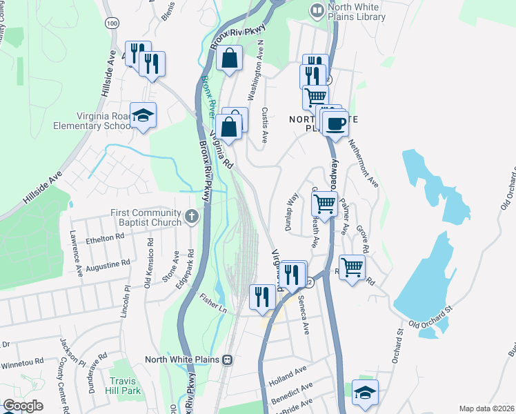 map of restaurants, bars, coffee shops, grocery stores, and more near 15 Washington Avenue North in White Plains
