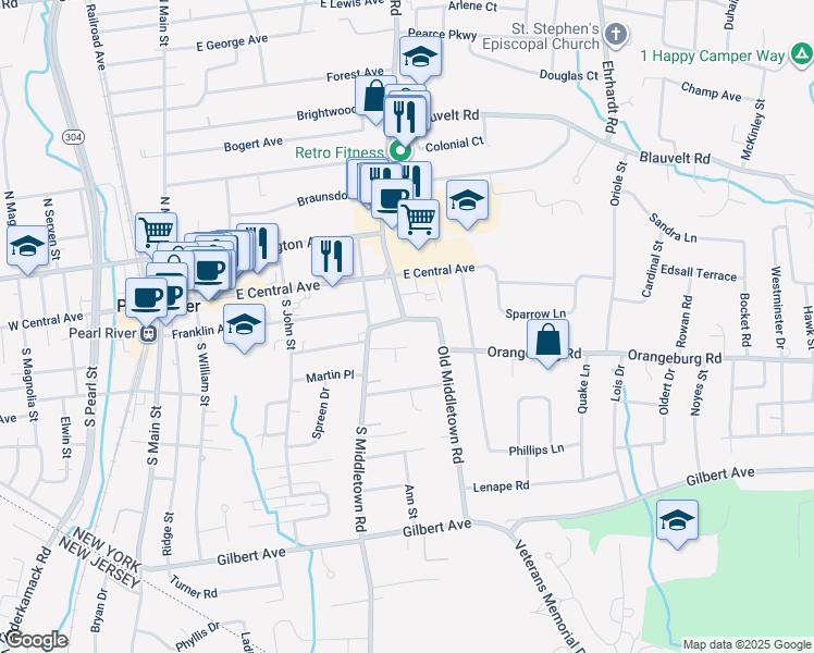map of restaurants, bars, coffee shops, grocery stores, and more near 40 Hilltop Drive in Pearl River