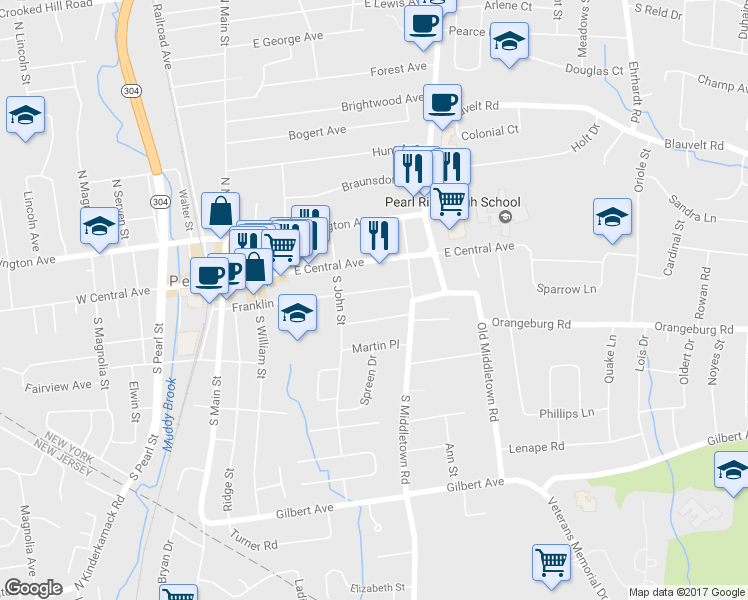 map of restaurants, bars, coffee shops, grocery stores, and more near 163 Prospect Place in Pearl River