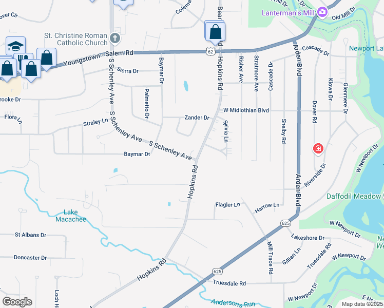 map of restaurants, bars, coffee shops, grocery stores, and more near 4013 South Schenley Avenue in Youngstown