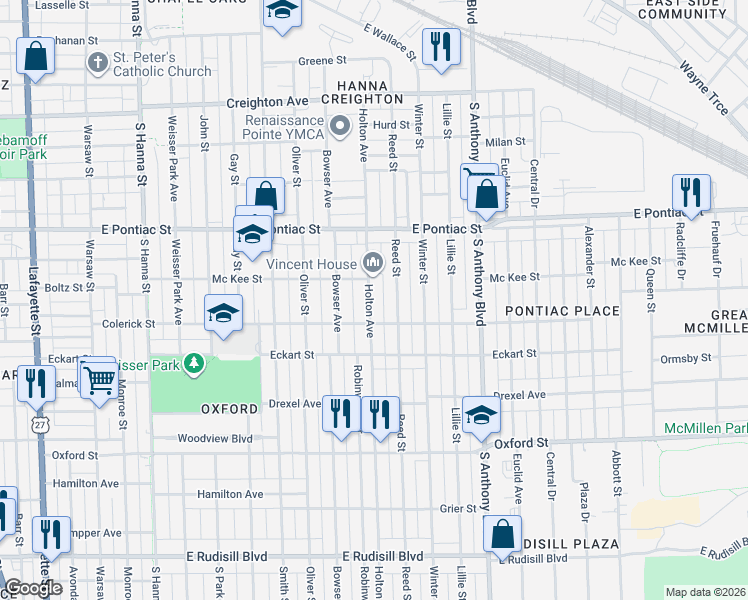 map of restaurants, bars, coffee shops, grocery stores, and more near 2940 Holton Avenue in Fort Wayne