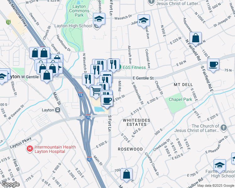map of restaurants, bars, coffee shops, grocery stores, and more near 110 Mill Road in Layton