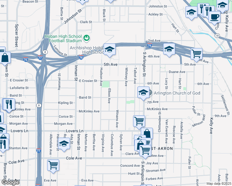map of restaurants, bars, coffee shops, grocery stores, and more near 935 Baird Street in Akron