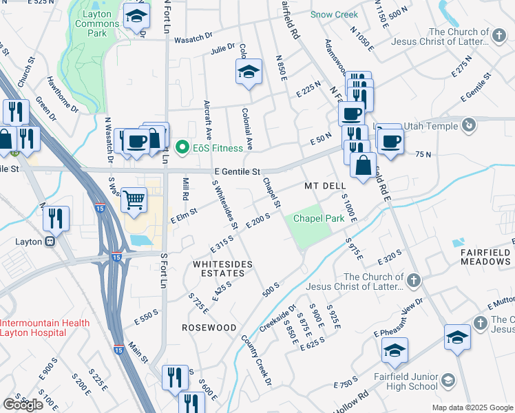 map of restaurants, bars, coffee shops, grocery stores, and more near 125 Cottage Way in Layton