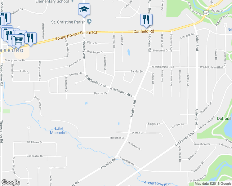 map of restaurants, bars, coffee shops, grocery stores, and more near 3976 South Schenley Avenue in Youngstown