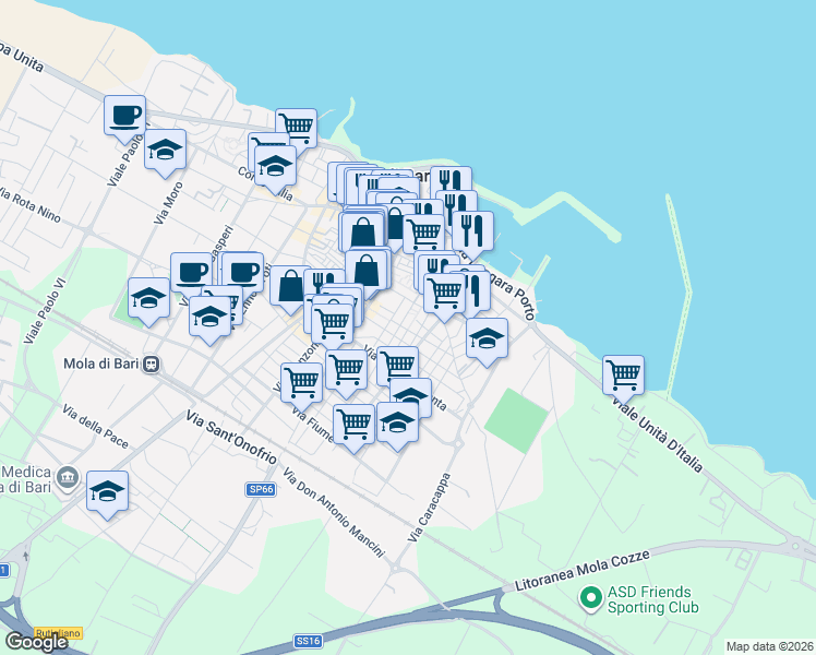map of restaurants, bars, coffee shops, grocery stores, and more near 61 Via Tommaseo in Mola di Bari