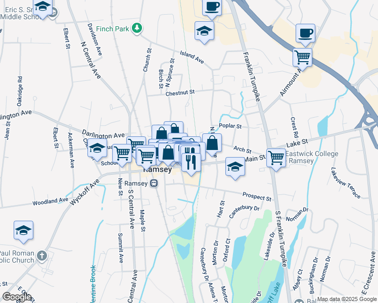 map of restaurants, bars, coffee shops, grocery stores, and more near 39 Arch Street in Ramsey