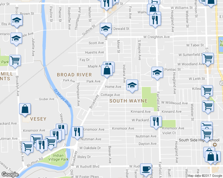 map of restaurants, bars, coffee shops, grocery stores, and more near 1015 Home Avenue in Fort Wayne