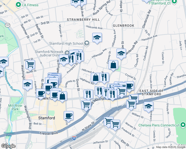 map of restaurants, bars, coffee shops, grocery stores, and more near 43 Hillcrest Avenue in Stamford
