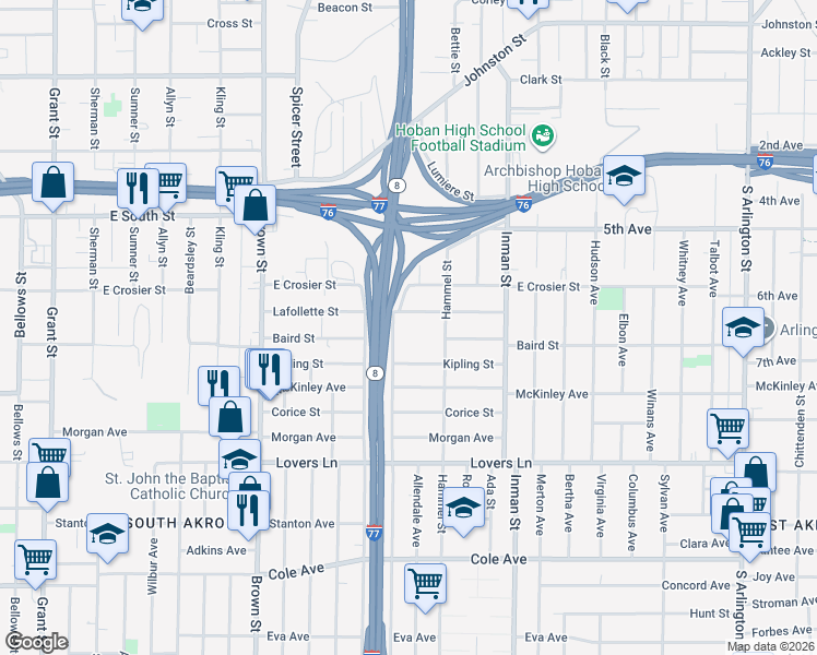 map of restaurants, bars, coffee shops, grocery stores, and more near 700 Lafollette Street in Akron