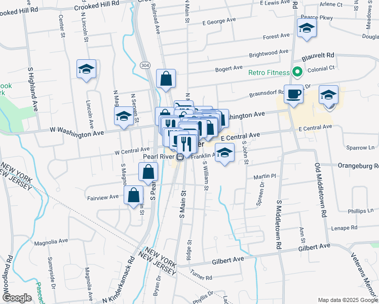 map of restaurants, bars, coffee shops, grocery stores, and more near 22 South Main Street in Pearl River