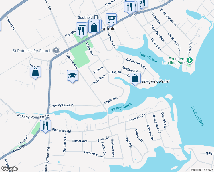 map of restaurants, bars, coffee shops, grocery stores, and more near 2330 Wells Avenue in Southold