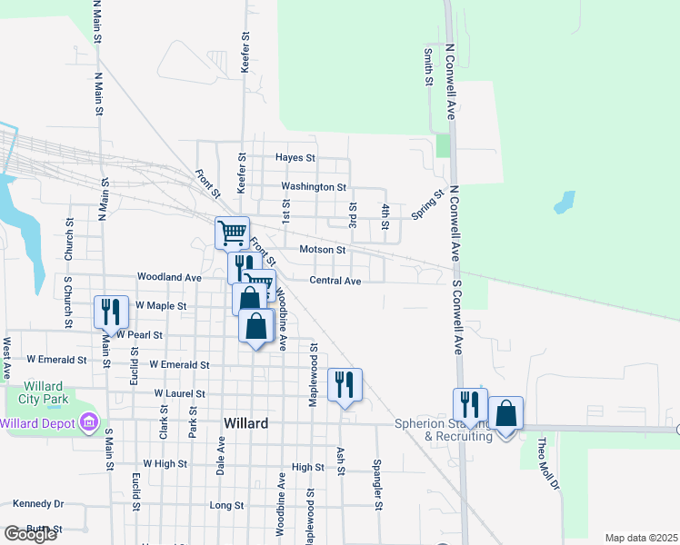 map of restaurants, bars, coffee shops, grocery stores, and more near 225 Central Avenue in Willard