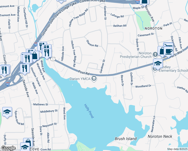 map of restaurants, bars, coffee shops, grocery stores, and more near 2420 Post Road in Darien