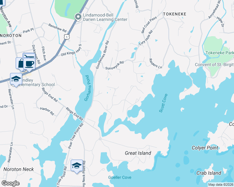 map of restaurants, bars, coffee shops, grocery stores, and more near 43 Salem Straits in Darien