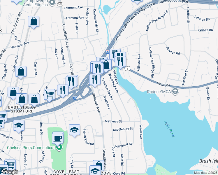 map of restaurants, bars, coffee shops, grocery stores, and more near 51 Houston Terrace in Stamford