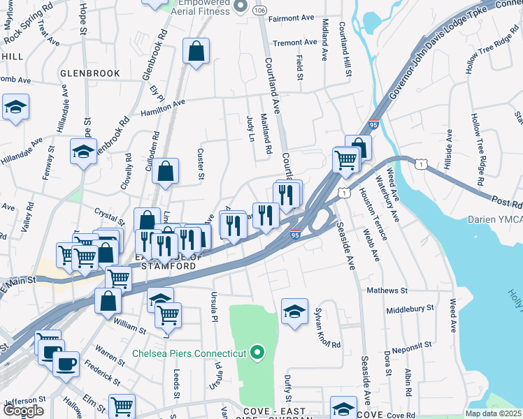 map of restaurants, bars, coffee shops, grocery stores, and more near 1106 East Main Street in Stamford