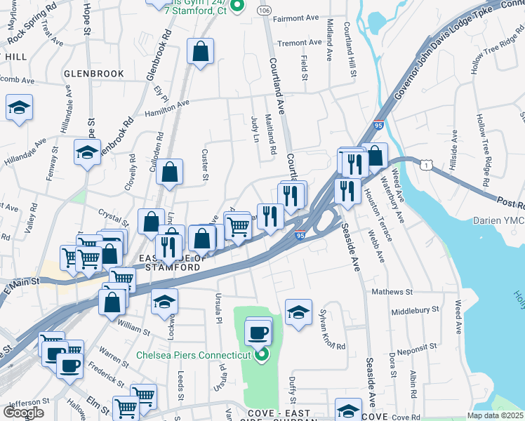 map of restaurants, bars, coffee shops, grocery stores, and more near 29 Standish Road in Stamford