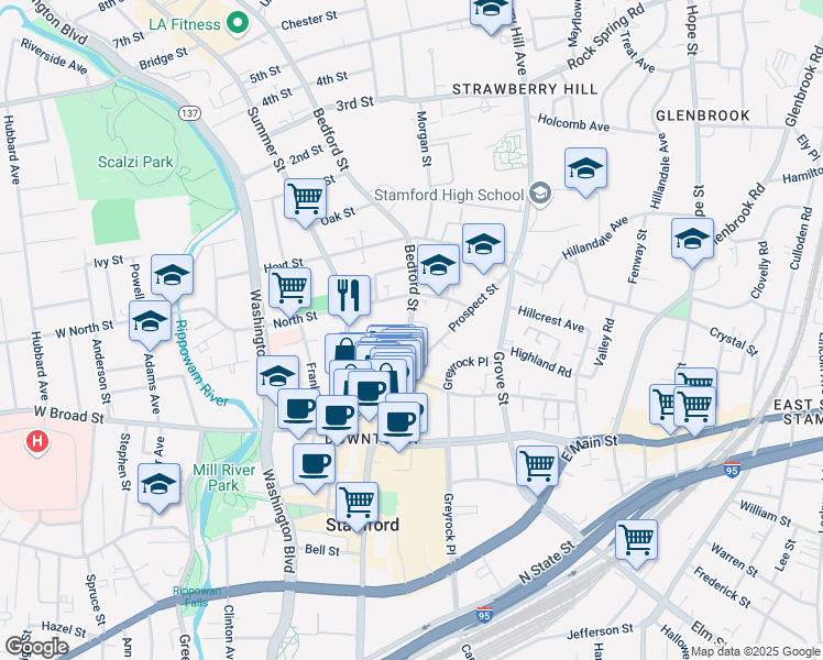 map of restaurants, bars, coffee shops, grocery stores, and more near 289 Bedford Street in Stamford