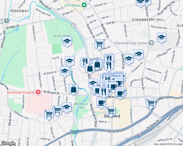 map of restaurants, bars, coffee shops, grocery stores, and more near 1340 Washington Boulevard in Stamford