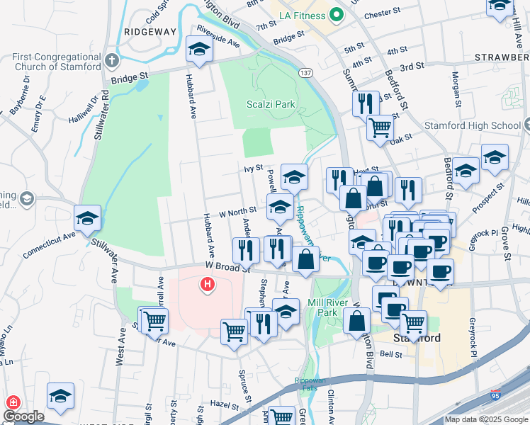 map of restaurants, bars, coffee shops, grocery stores, and more near 60 Adams Avenue in Stamford