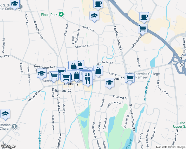 map of restaurants, bars, coffee shops, grocery stores, and more near 161 East Main Street in Ramsey