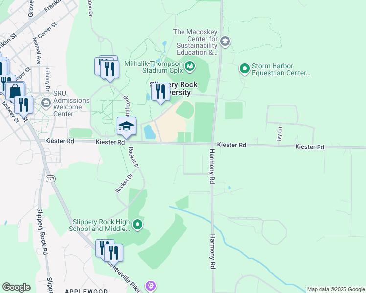 map of restaurants, bars, coffee shops, grocery stores, and more near Cameron Drive in Slippery Rock