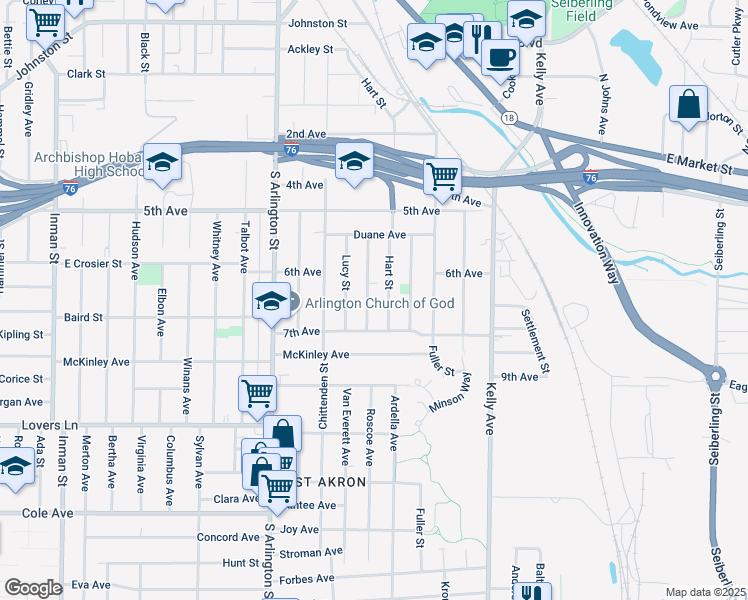 map of restaurants, bars, coffee shops, grocery stores, and more near 1444 Hart Street in Akron