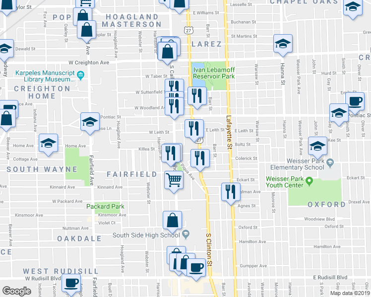 map of restaurants, bars, coffee shops, grocery stores, and more near 120 Esmond Street in Fort Wayne