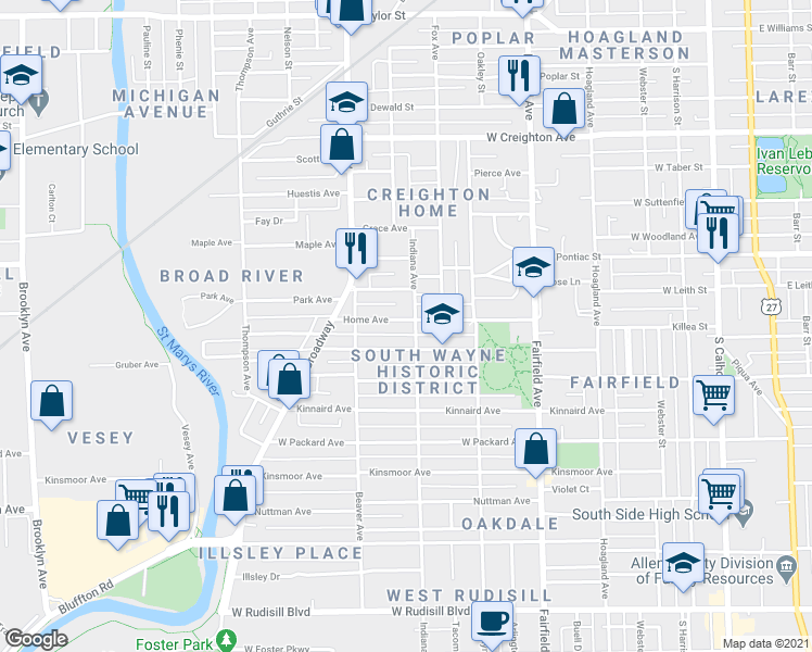 map of restaurants, bars, coffee shops, grocery stores, and more near 940 Cottage Avenue in Fort Wayne