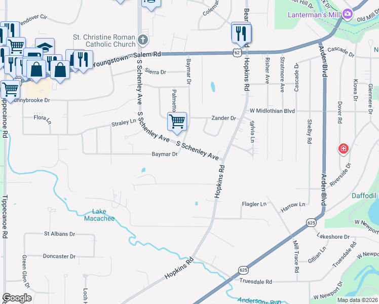 map of restaurants, bars, coffee shops, grocery stores, and more near 3976 South Schenley Avenue in Youngstown