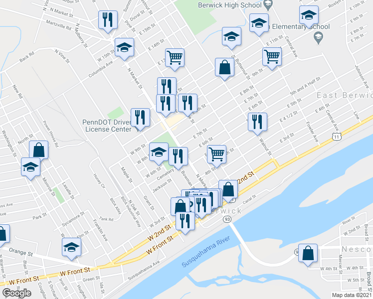 map of restaurants, bars, coffee shops, grocery stores, and more near 604 North Market Street in Berwick
