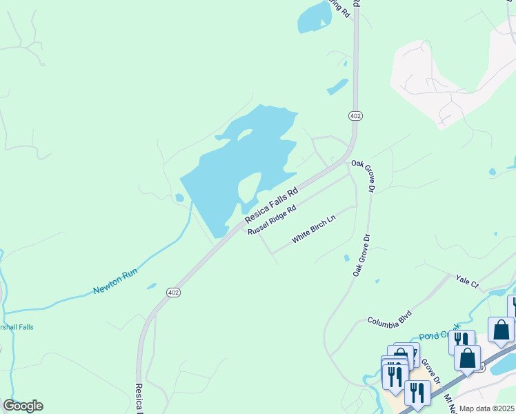 map of restaurants, bars, coffee shops, grocery stores, and more near 521 Resica Falls Road in East Stroudsburg