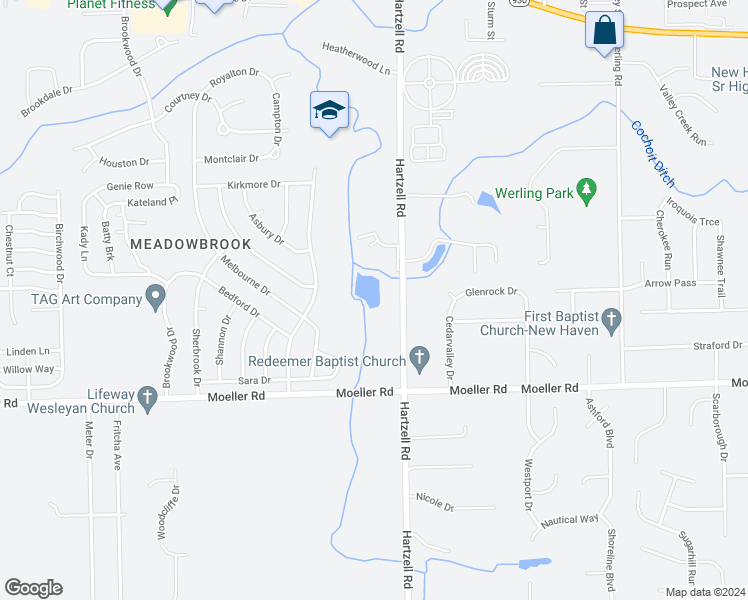 map of restaurants, bars, coffee shops, grocery stores, and more near 1660 Hartzell Road in New Haven