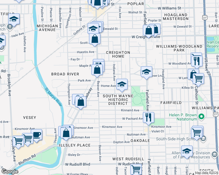 map of restaurants, bars, coffee shops, grocery stores, and more near 921 Home Avenue in Fort Wayne
