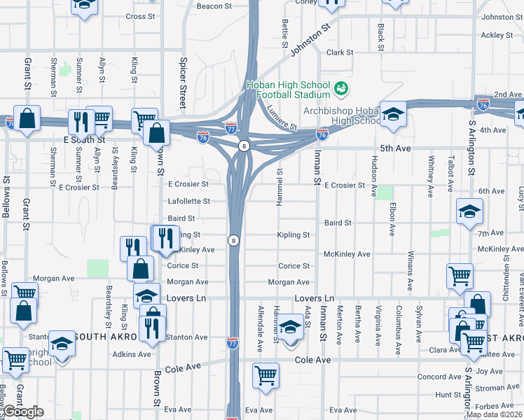 map of restaurants, bars, coffee shops, grocery stores, and more near 700 Lafollette Street in Akron