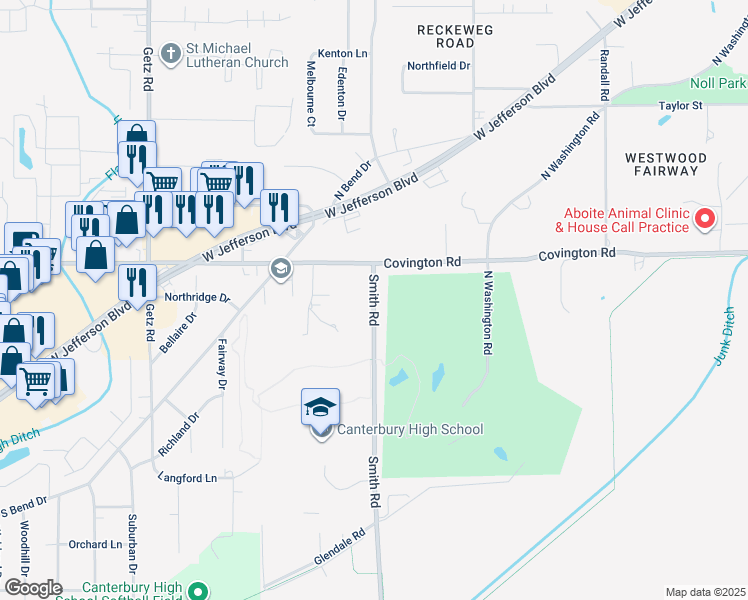 map of restaurants, bars, coffee shops, grocery stores, and more near 2809 Smith Road in Fort Wayne