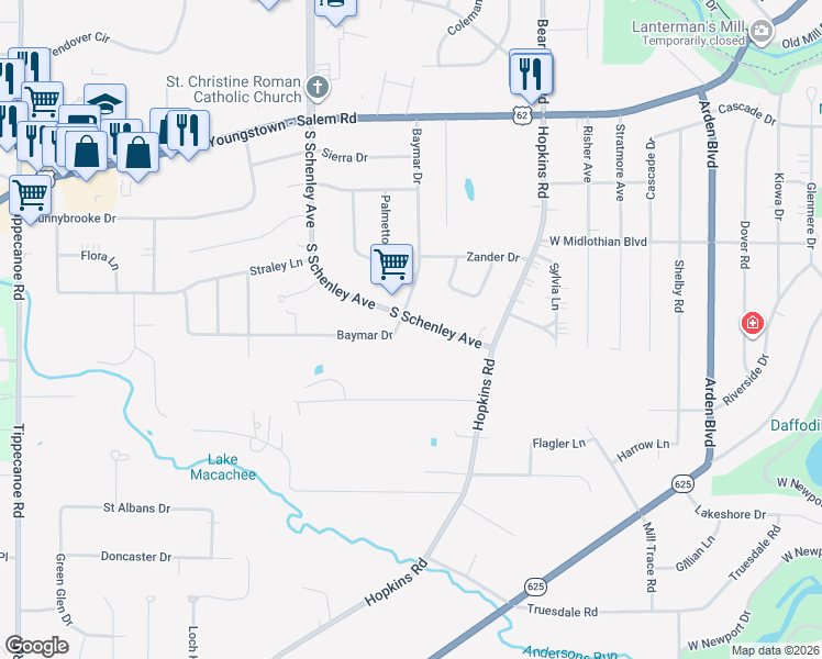 map of restaurants, bars, coffee shops, grocery stores, and more near 3976 South Schenley Avenue in Youngstown