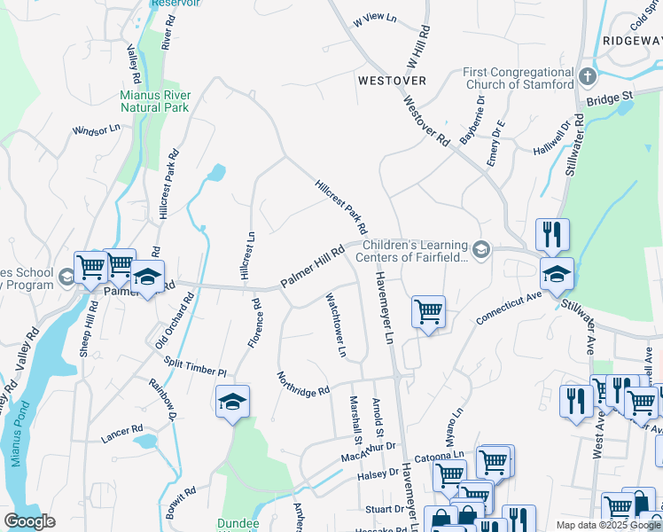 map of restaurants, bars, coffee shops, grocery stores, and more near 5 Cross Ridge Drive in Greenwich