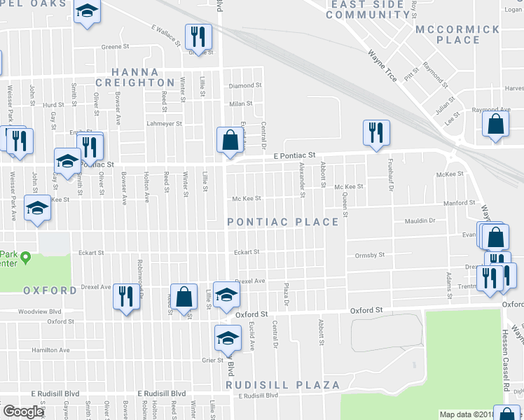 map of restaurants, bars, coffee shops, grocery stores, and more near 2920 Central Drive in Fort Wayne