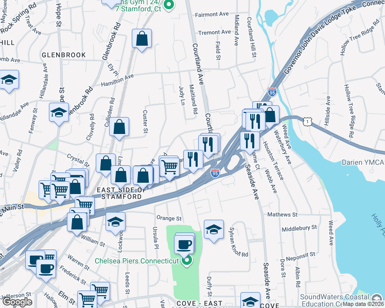 map of restaurants, bars, coffee shops, grocery stores, and more near 1106 East Main Street in Stamford
