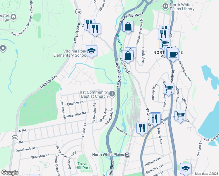 map of restaurants, bars, coffee shops, grocery stores, and more near 175 Edgepark Road in White Plains