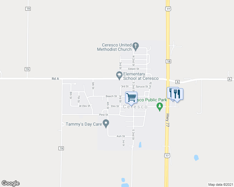 map of restaurants, bars, coffee shops, grocery stores, and more near 300 Beech Street in Ceresco