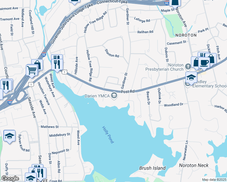 map of restaurants, bars, coffee shops, grocery stores, and more near 2420 Post Road in Darien