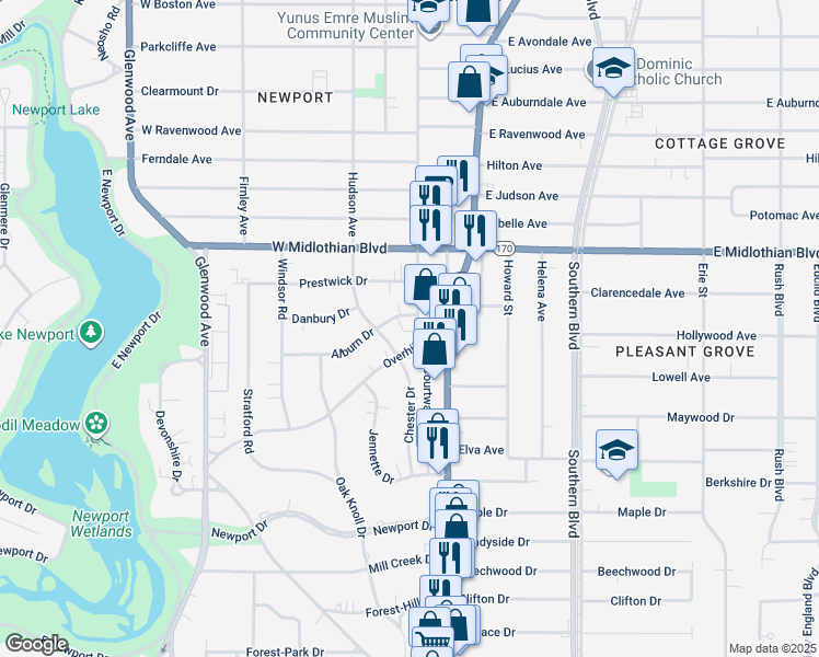 map of restaurants, bars, coffee shops, grocery stores, and more near 4200 Hillman Way in Youngstown